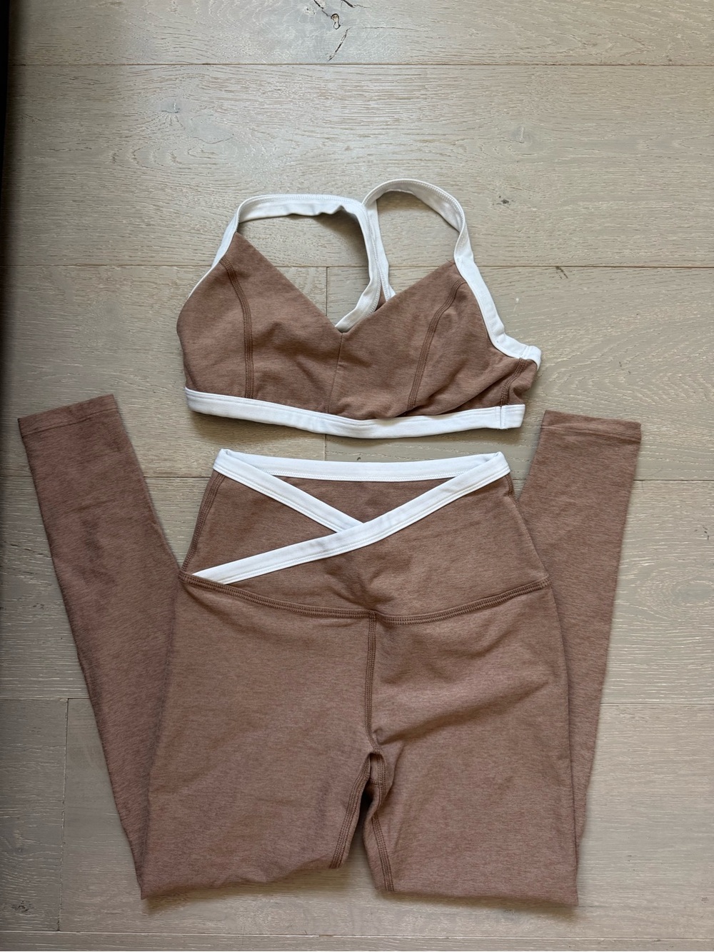 Beyond Yoga Brown and White Sports Bra & Leggings Set